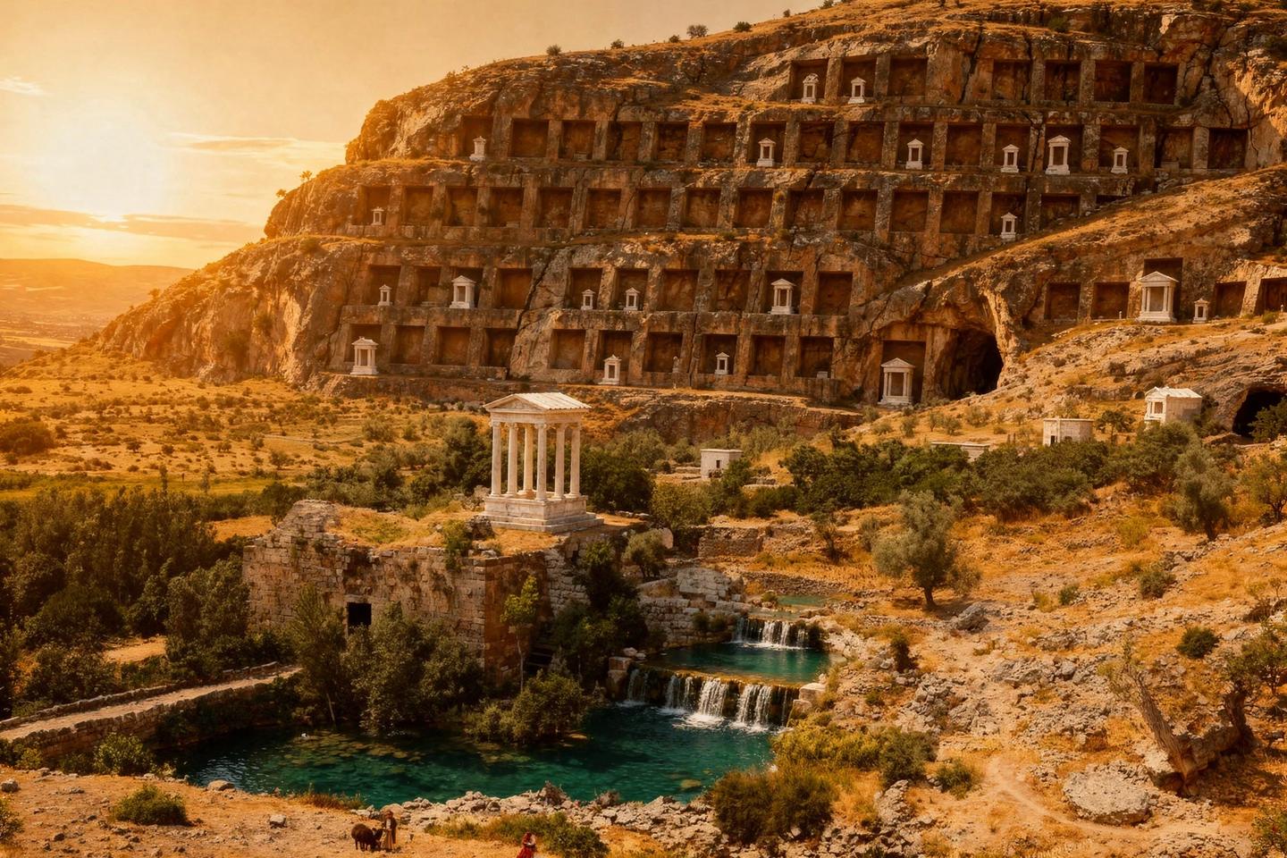 Photograph of the rock face and carved niches at Banias, ancient Caesarea Philippi